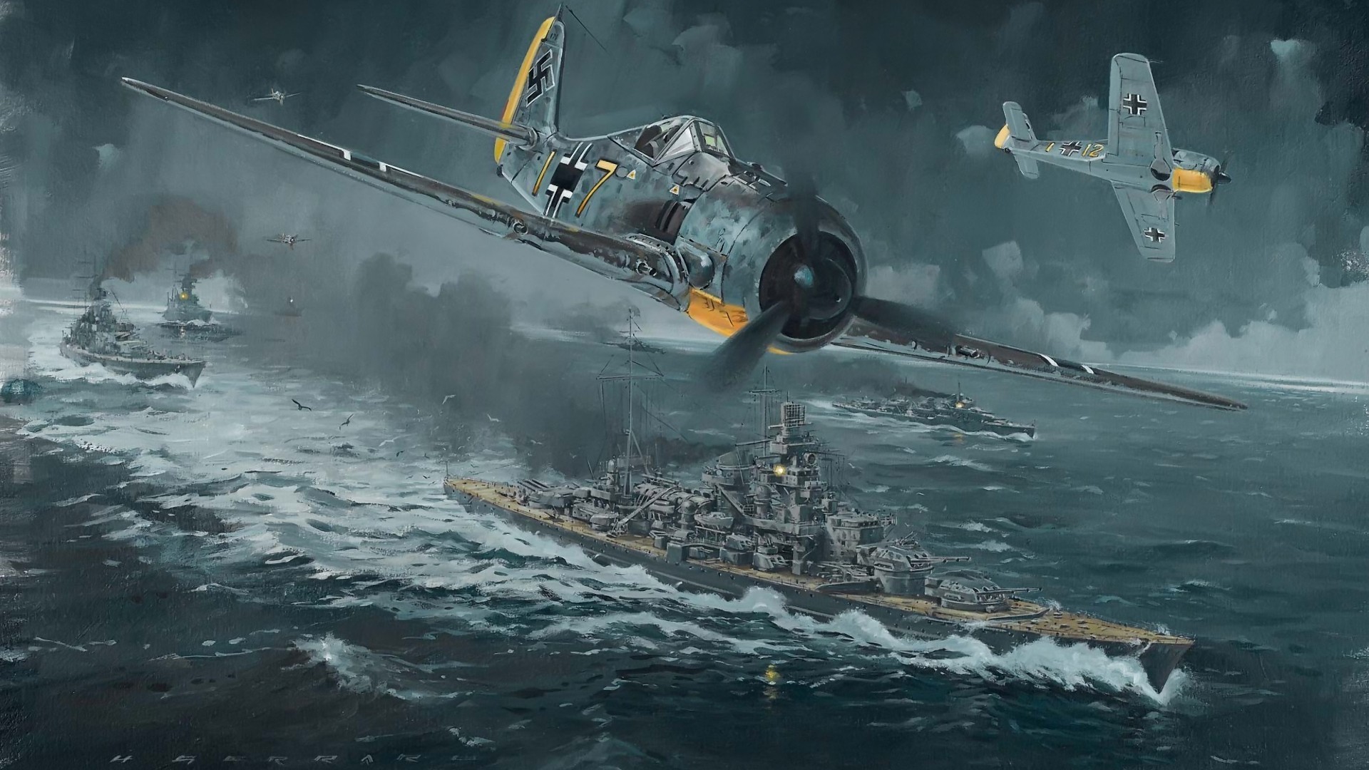 wwii-world-war-airplane-plane-drawing-battleship-fw-190-channel-dash-1942-operation-cerberus-hd-1080p-wallpaper